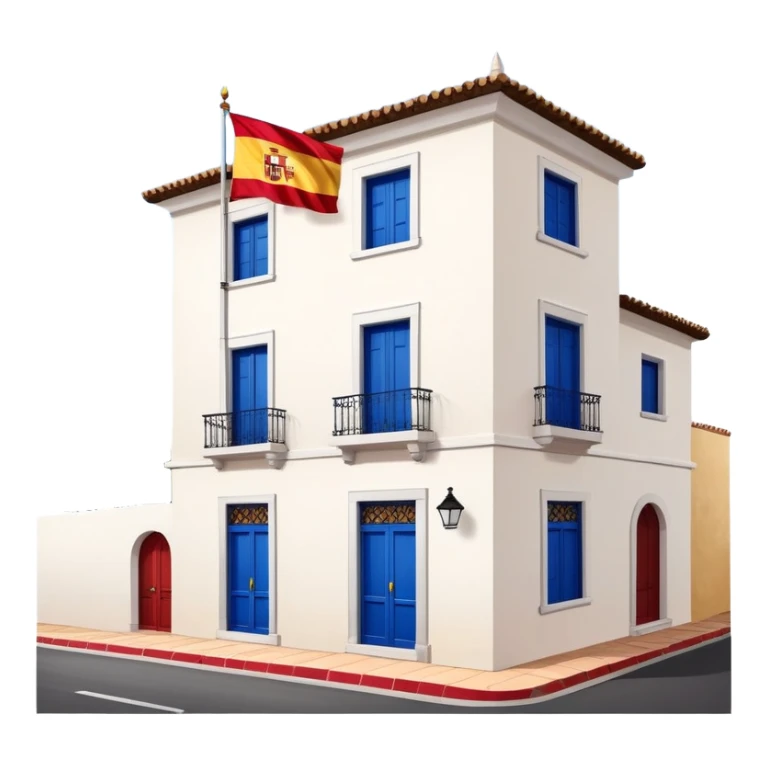 Andalusian-style Spanish house with white walls, blue windows, Spanish flag (red-yellow-red horizontal stripes) hanging from a small flag pole on the facade sticker