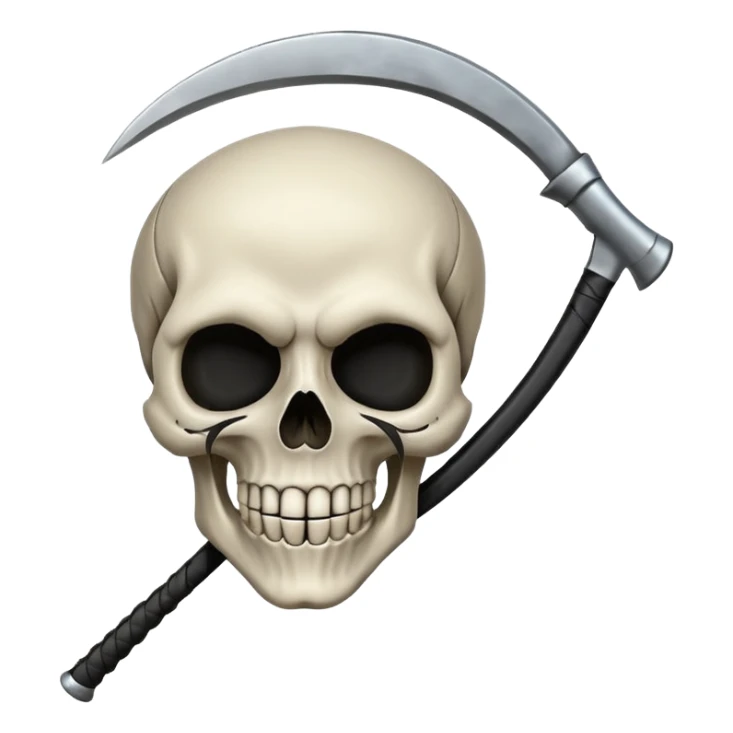 A laughing skull with a scythe crossed behind it, one eye socket winking. Clean, stylized lines, flat vector. Medieval woodcut style. Black and white with one accent color (tarnished silver). No background. sticker