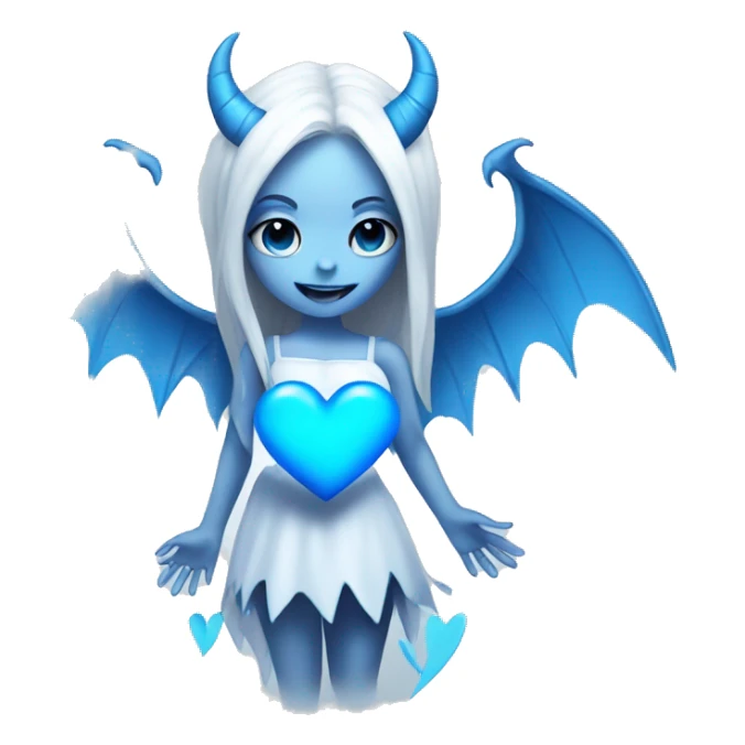 White Demon girl with blue horns and wings holding a blue heart  sticker