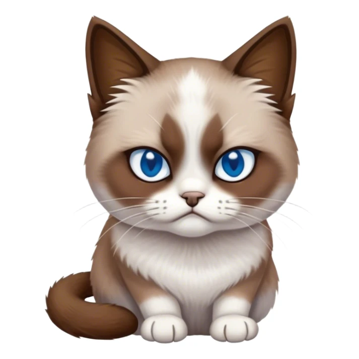 Cinematic Meme-Worthy Grumpy Snowshoe Cat Portrait Emoji, Head held high but eyes filled with dramatic disappointment, soft brown fur, white paws planted firmly in defiance, signature grumpy cat frown perfectly etched on its face, icy-blue eyes radiating pure disapproval, Simplified yet hilariously over-exaggerated features, highly detailed, glowing with an aura of supreme annoyance, high shine, exhausted yet judgmental, stylized with an almost regal pettiness, bright but brooding, soft glowing outline, capturing the essence of a feline that has seen it all and is thoroughly unimpressed, so meme-worthy it feels like it could instantly become the next viral sensation of grumpiness! sticker