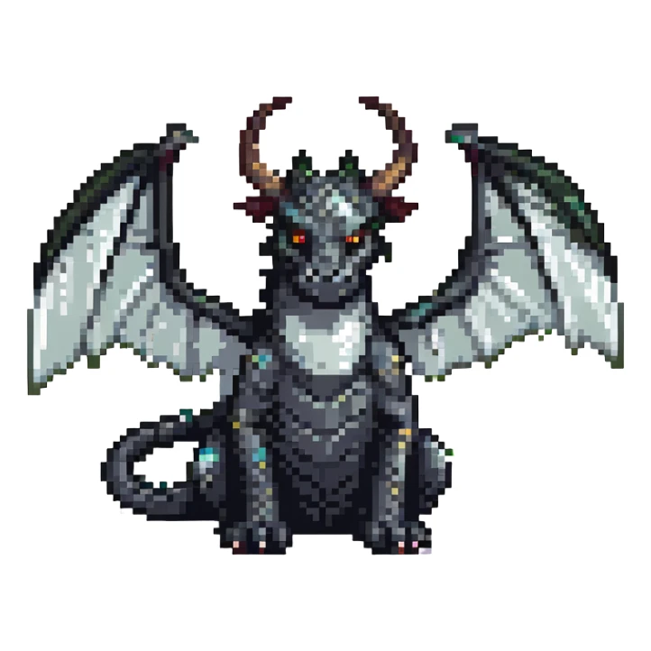 pixel art of a black dragon, big wings, two medium horns on its head sticker