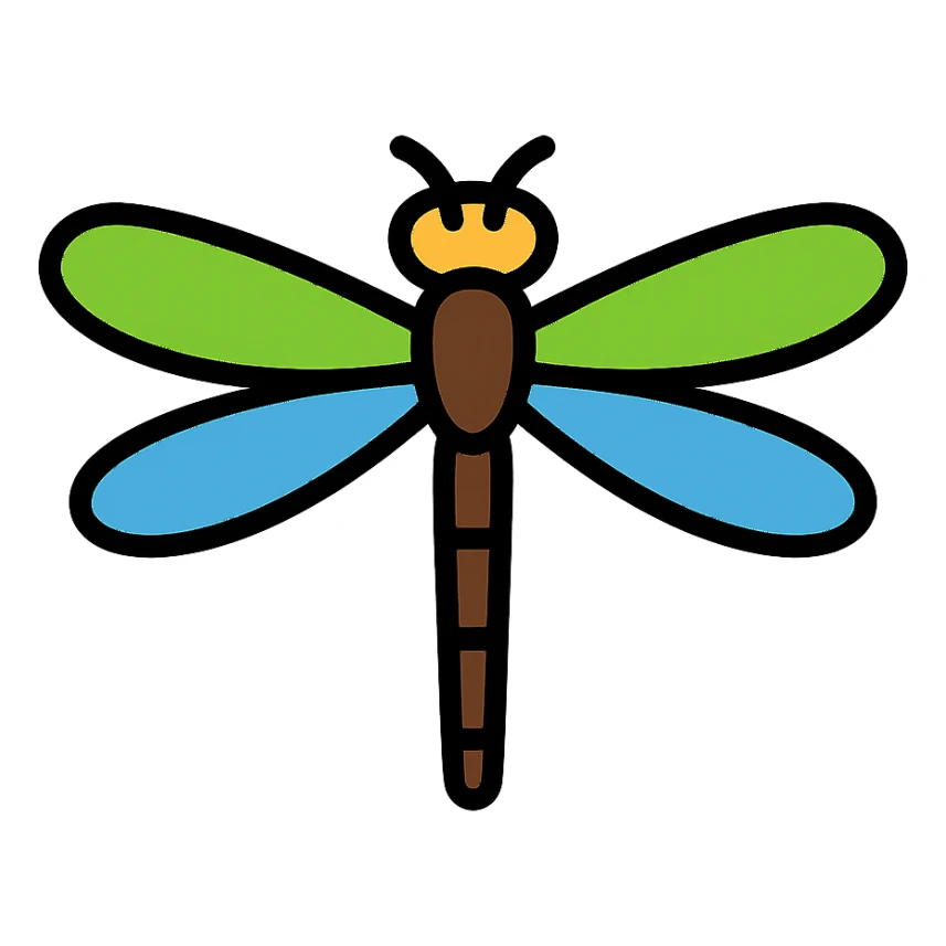 Create a more minimalist version of a realistic dragonfly with bright green and blue wings, in the color outline icon style. Simplify the shapes and details while keeping the vibrant wing colors and the overall dragonfly form. sticker