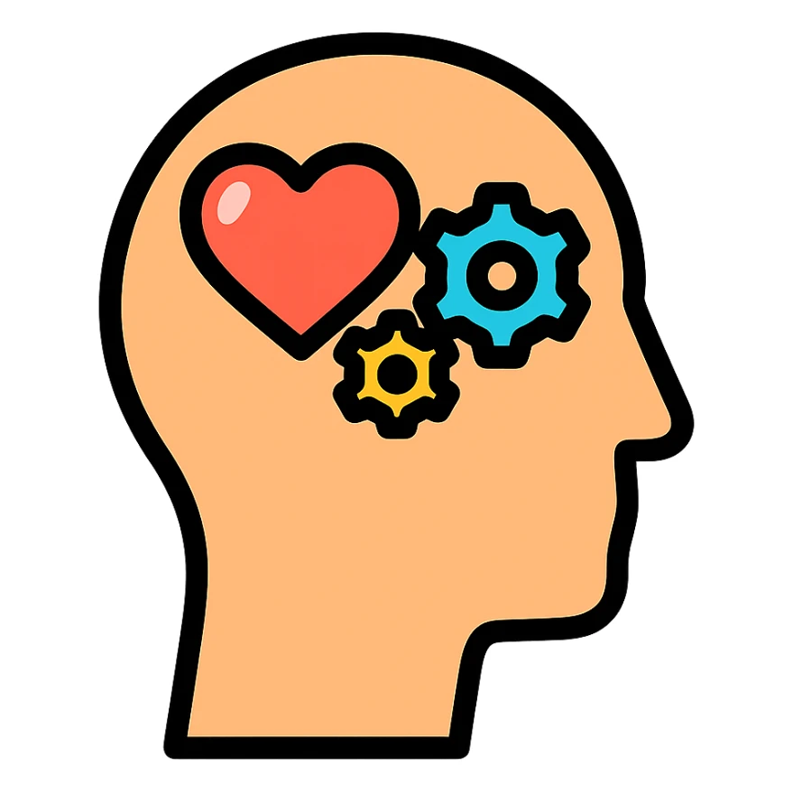 Vector illustration of a human head icon in profile view, with a heart or gears inside the head symbolizing emotional intelligence or cognitive processing. Clean and sharp lines, with subtle realistic shadows and glossy highlights for depth. Flat yet modern vector style. Transparent background sticker