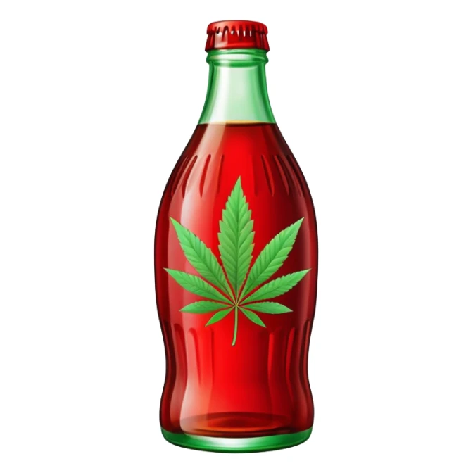 Classic Coca-Cola shaped glass bottle with curved contours, red color, with a cannabis leaf sticker