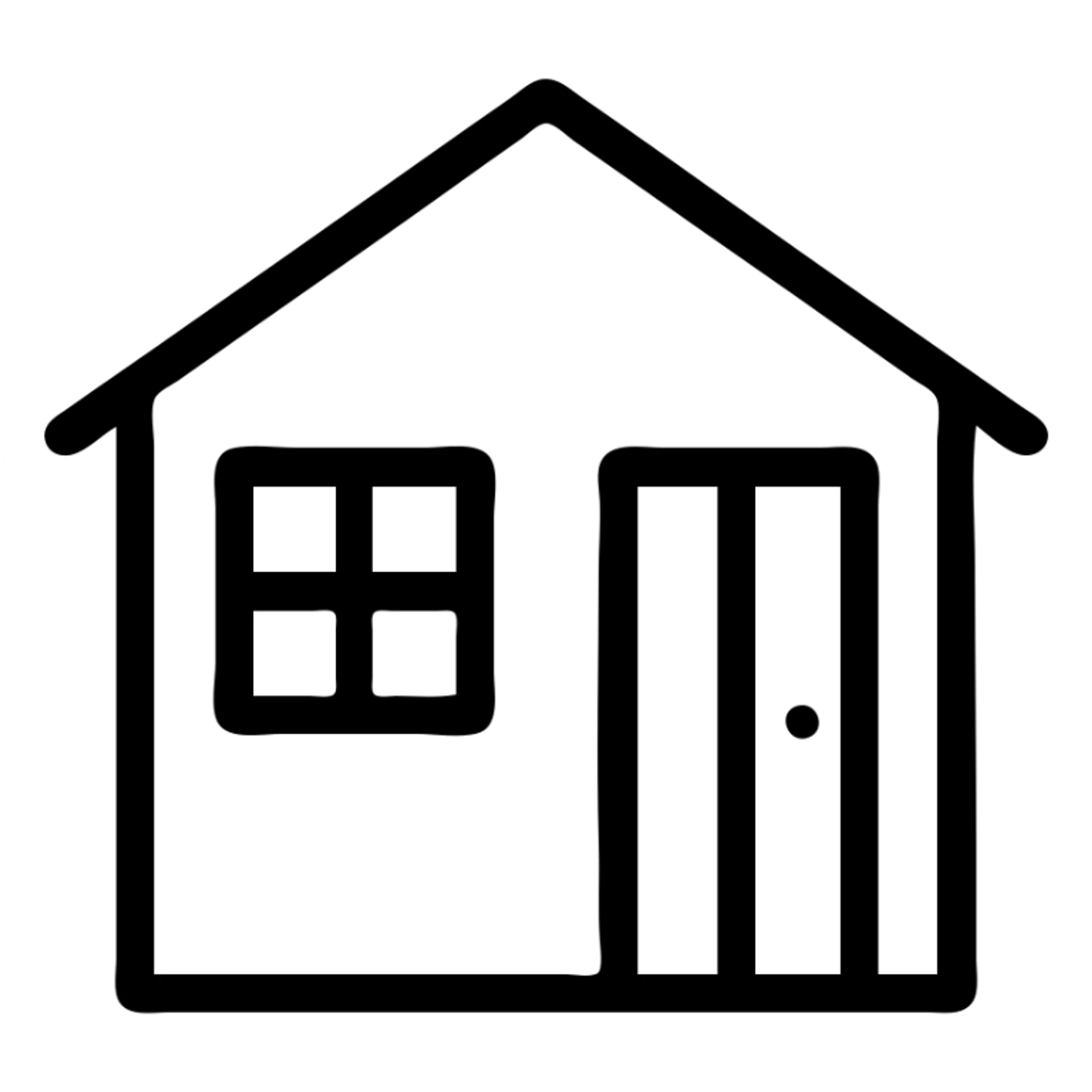 stylized house front icon, door, windows, slanted roof, modern icon style sticker