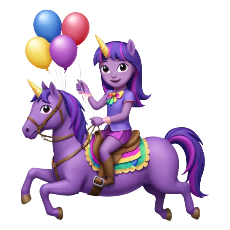 twillight sparkle mlp holding colorful balloons tied to its saddle, looking cheerful. sticker