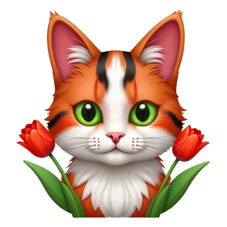 tricolor fluffy cat with big green eyes holding red tulips in her arms sticker