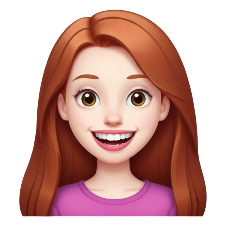 Young girl with pale skin, longer face, full pink lips smiling with big teeth, very long straight auburn hair (lighter ginger, not bright red), big brown eyes, extra large nose, big mouth, slightly asymmetrical features, less conventionally pretty sticker