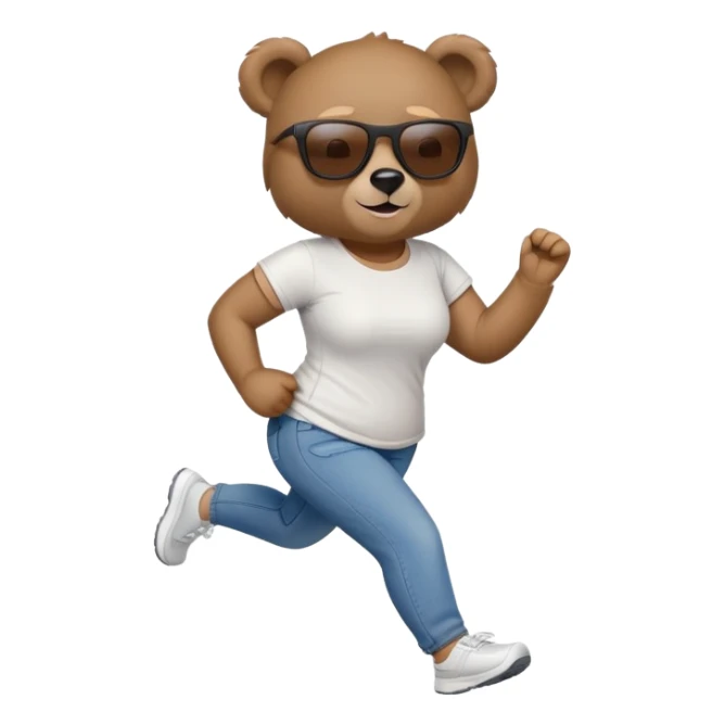 friendly anthropomorphised female bear in jeans and a t-shirt, wearing dark sunglasses, jogging upright in standard pose sticker