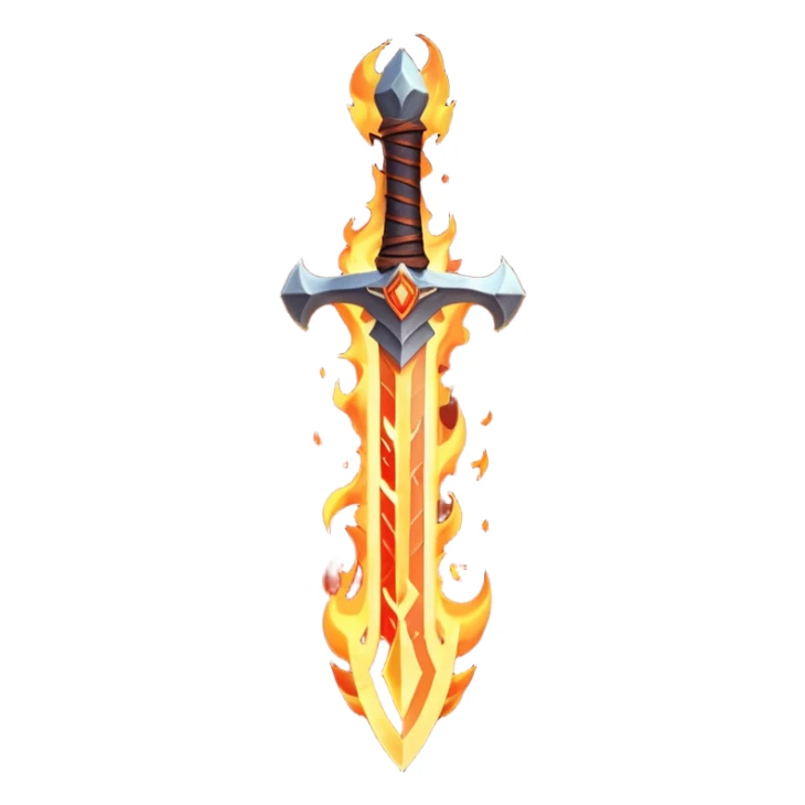 fire guardian sword object icon, flaming blade, glowing lava runes, ember sparks, fantasy weapon, 3D cartoon, mobile game icon style, centered, clean background, no text, no watermark
 sticker