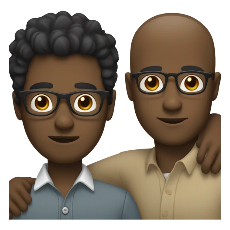 Two men hugging, one white with black hair, one brown with hlasses sticker