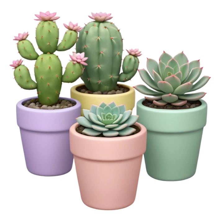 A pastel pink ceramic pot with a sedum succulent, a pastel green ceramic pot with a graptopetalum succulent, a pastel yellow ceramic pot with an echeveria succulent, and a pastel purple ceramic pot with a flowering cactus. All are cylindrical and placed separately on the floor. sticker