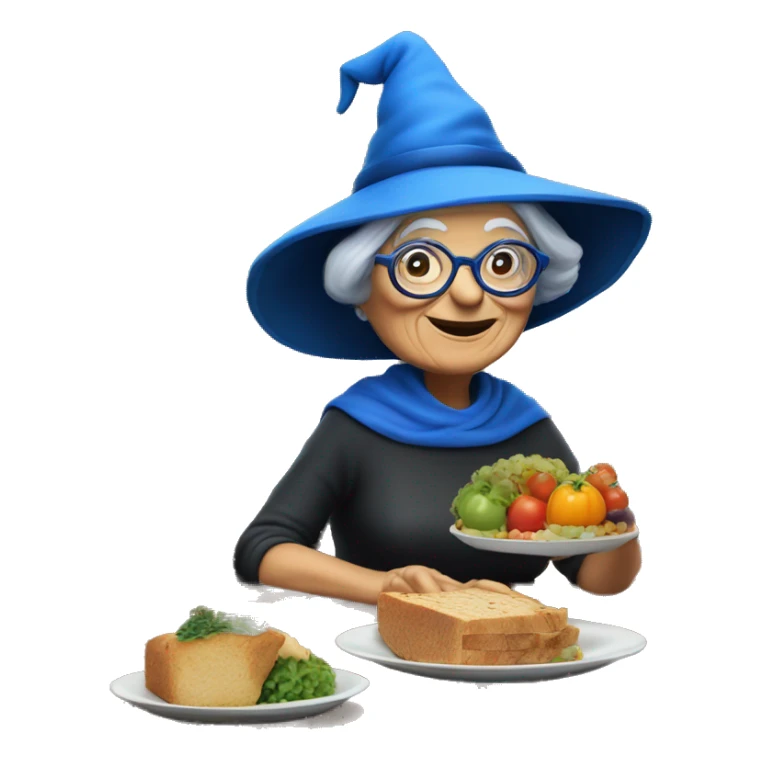 smart granny witch with glasses and blue hat lunching with friends sticker