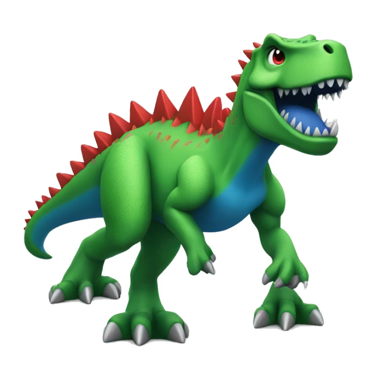 a green trex with blue spikes and red eyes, full body
 sticker