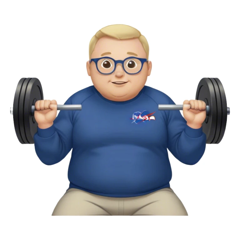 happy chubby man, bench Press,  blond short and hight receding hairline, wearing a dark blue sweatshirt, nasa logo on the sweatshirt, round glasses without frame, 40 years old sticker