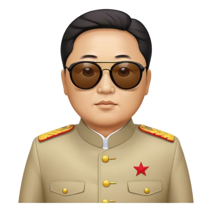 Middle aged comrade Kim Jung Il wearing mao suit and large sunglasses sticker