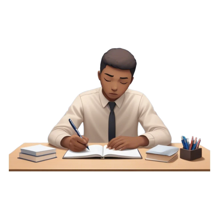 A person sits at a desk with their head down, surrounded by swirling stress clouds. In front of them, a glowing version of their "future self" reaches out, handing them a pen. As they take the pen, the stress clouds begin to dissolve, symbolizing how action breaks procrastination  sticker