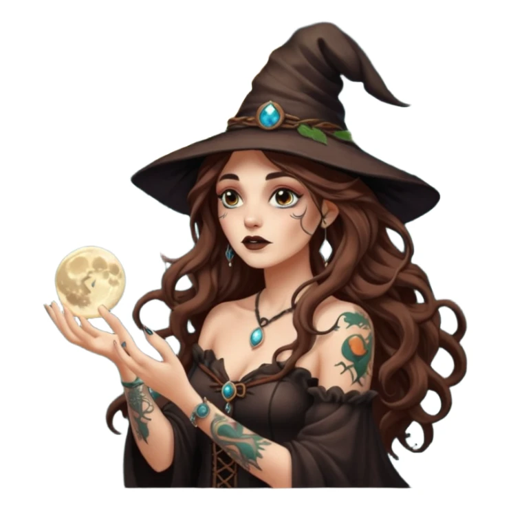 forest witch woman long wavy brown hair tattoos blowing moon dust sticker
