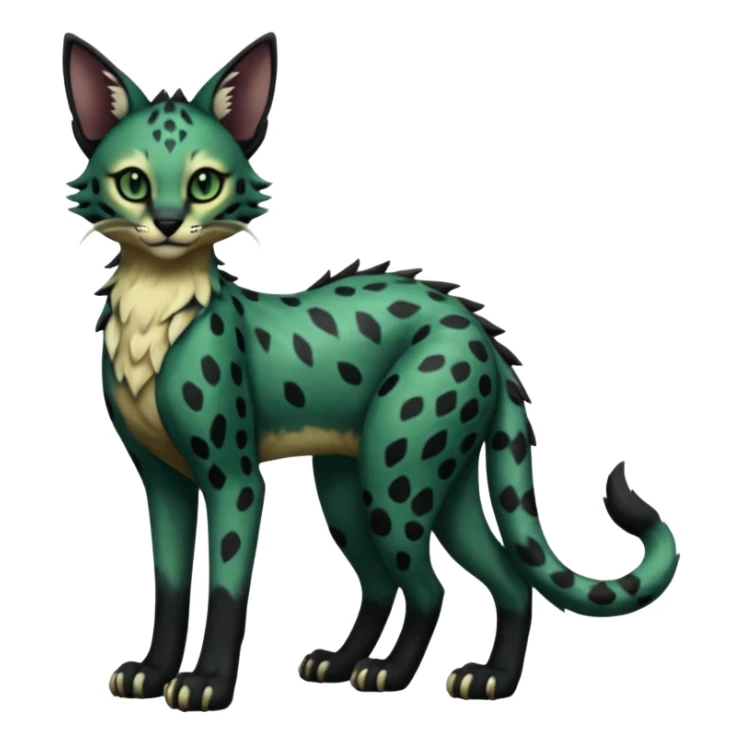 Epic complex detailed dark dusky gloomy deep gothic dark-deep-green, black, realistic Fakémon-Sprigatito-Floragato-Meowscarada-Trico-Sergal-Serval-Vernid-creature (full body) sticker
