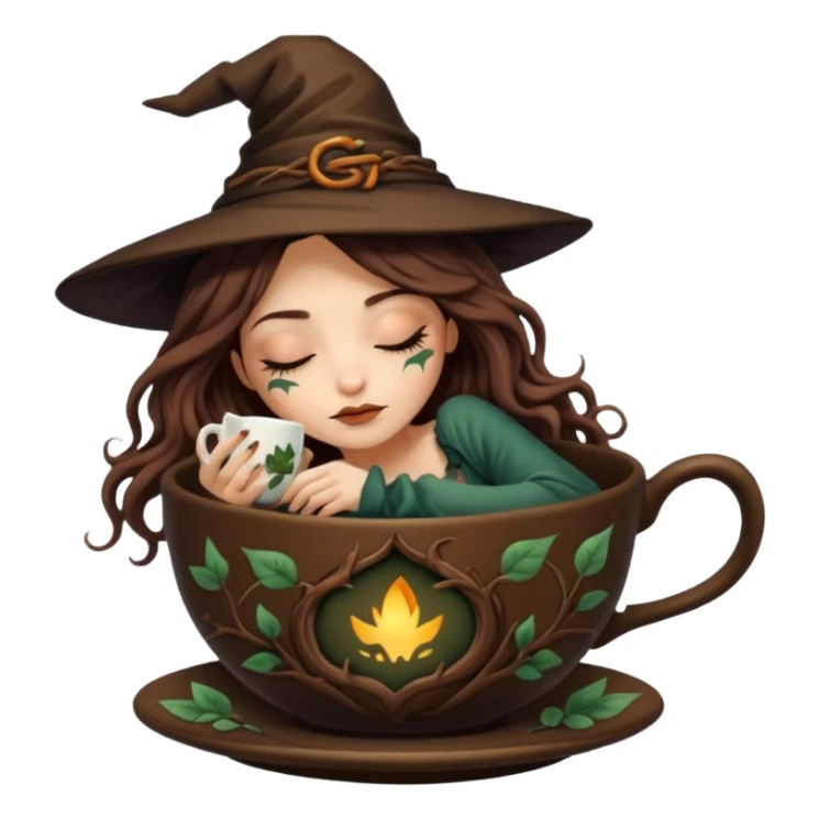 cute forest witch woman long wavy brown hair tattoos sleeping inside teacup sticker