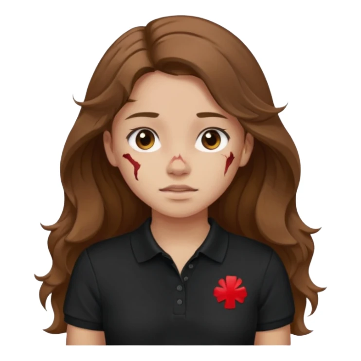 crie uma garota com ferimentos cabelo ondulado 2c longo castanho e blusa polo básica preta sticker