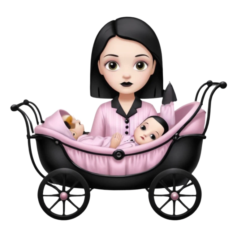 Full model stunning Wednesday Addams dark smoky eyeshadow in a unbuttoned Light pink silk pyjamas set touching gothic antique baby carriage  sticker