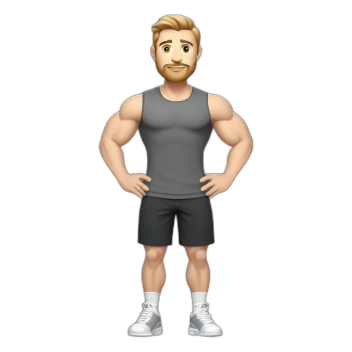 Full height Pale skinned muscular man With Realistic eyes and mouth, light brown hair and stubble In dark gray sleeveless mike, black oversize sports shorts, watch and white sneakers. sticker