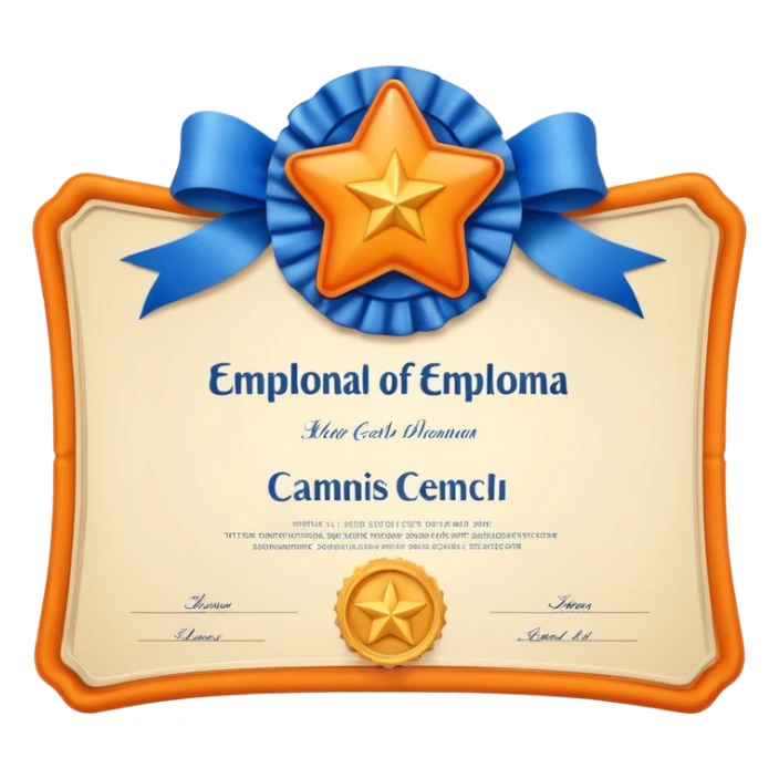 Create a glossy 3D certificate emoji with a cream diploma, rounded corners, a blue ribbon seal, orange tails, and an embossed star. sticker