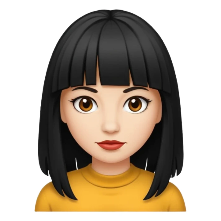 Faça um emoji de uma mulher branca, com cabelo liso preto longo, e com uma franja acima da sombrancelha. sticker