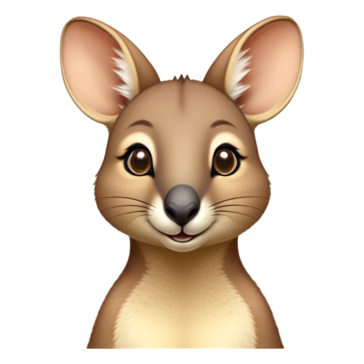 Cinematic Cute Wallaby Portrait Emoji, Head tilted playfully and inquisitively, featuring a glossy tan fur with delicate brown accents and a charming, alert expression, round, sparkling eyes filled with gentle curiosity, Simplified yet irresistibly adorable features, highly detailed, glowing with a warm, friendly glow, high shine, affectionate and bouncy, stylized with a touch of outback whimsy, bright and endearing, soft glowing outline, capturing the essence of a mischievous yet loving wallaby, so playful it feels like it could skip out of the screen into your arms! sticker