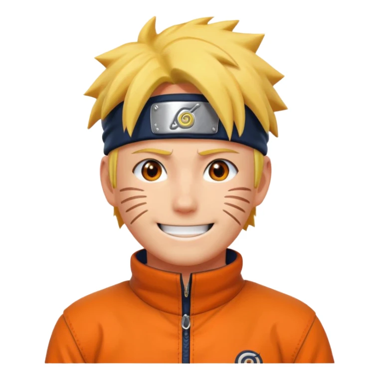 Naruto character smiling with iconic whisker marks, orange outfit, apple emoji style sticker