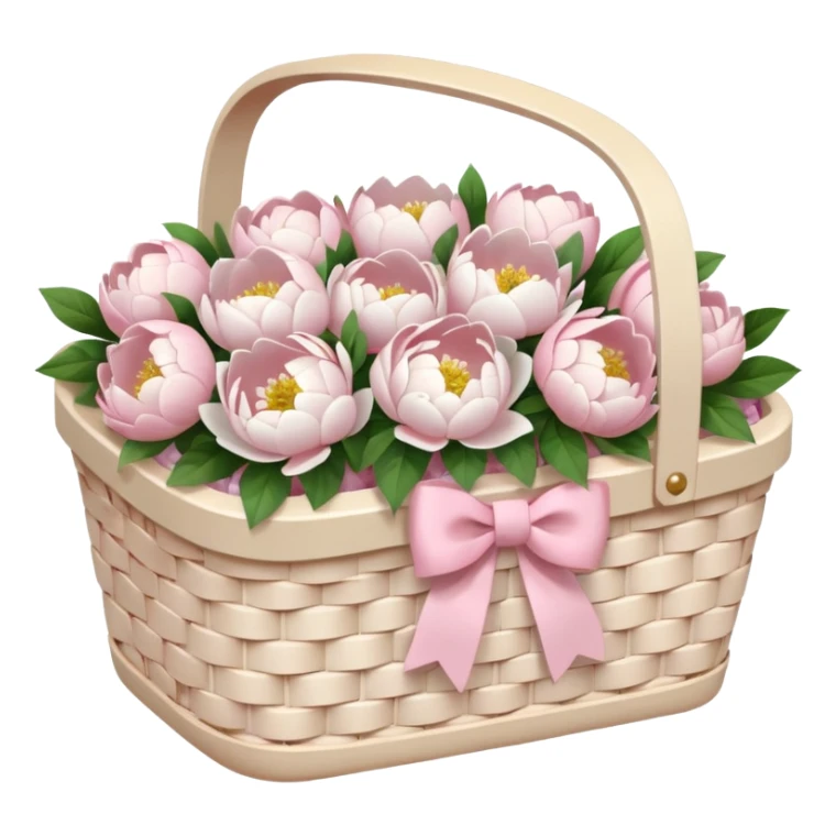 White Picnic basket with light pink bow and white peonies inside sticker