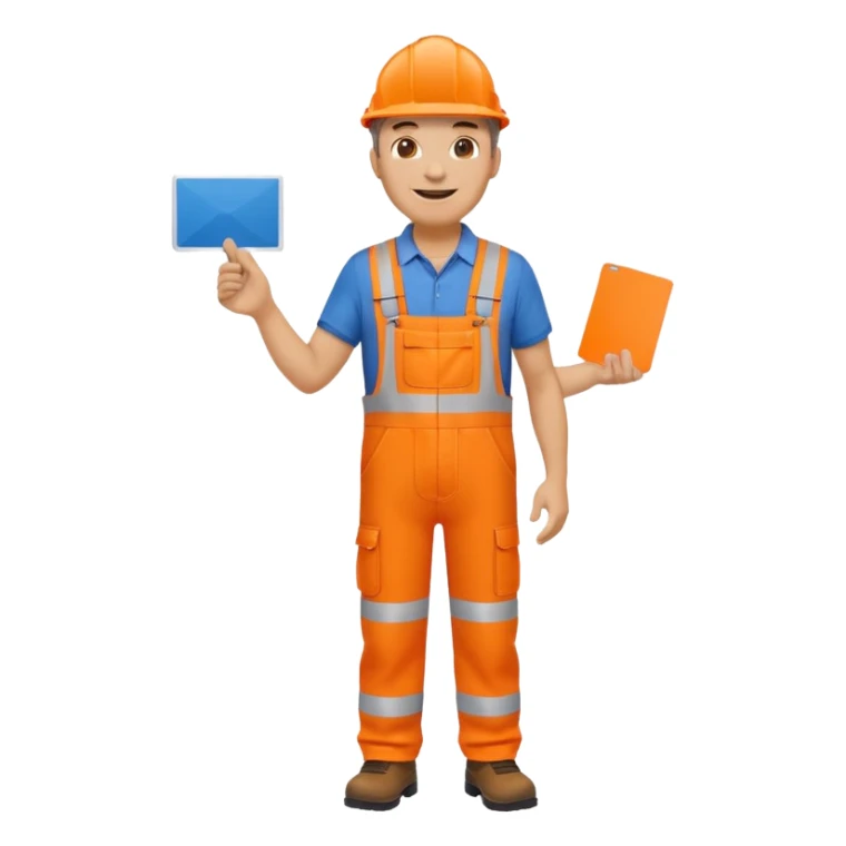 mature engineer hi-vis orange overalls standing full body holding a card sticker