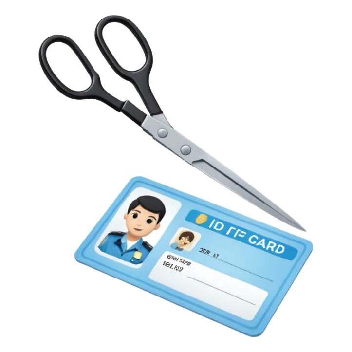 Floating black Scissors cutting a light blue idf ID card in 2 parts .hyper realistic sticker