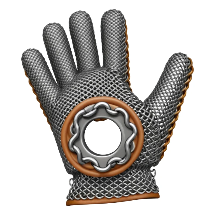 3D render of Butcher’s Glove, made of interlocking chainmail metal rings, wire mesh texture, visible holes and negative space, metallic silver and grey, high contrast shadows, Apple emoji style, isolated on white background --v 6.0. sticker