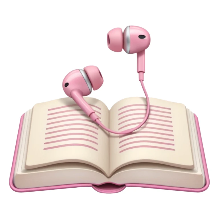 pink Pink Apple-style earbuds lying on an open book, soft pastel tones, cozy and minimal aesthetic, realistic lighting and shadows, top-down view, transparent background" sticker