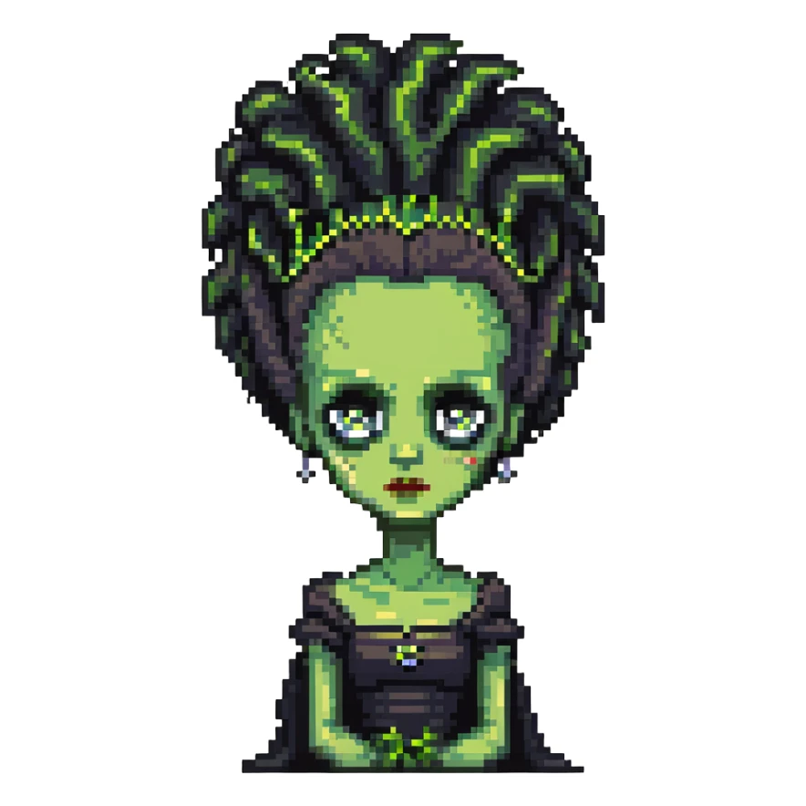 cute pixel Bride of Frankenstein with big eyes and signature hair sticker