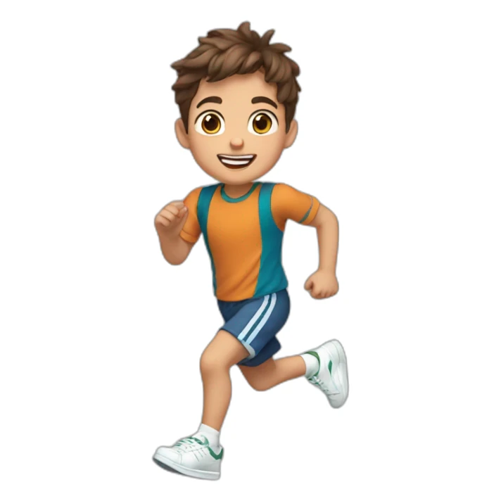5 year old boy running, brown hair, brown eyes, headband, Stan smiths sticker