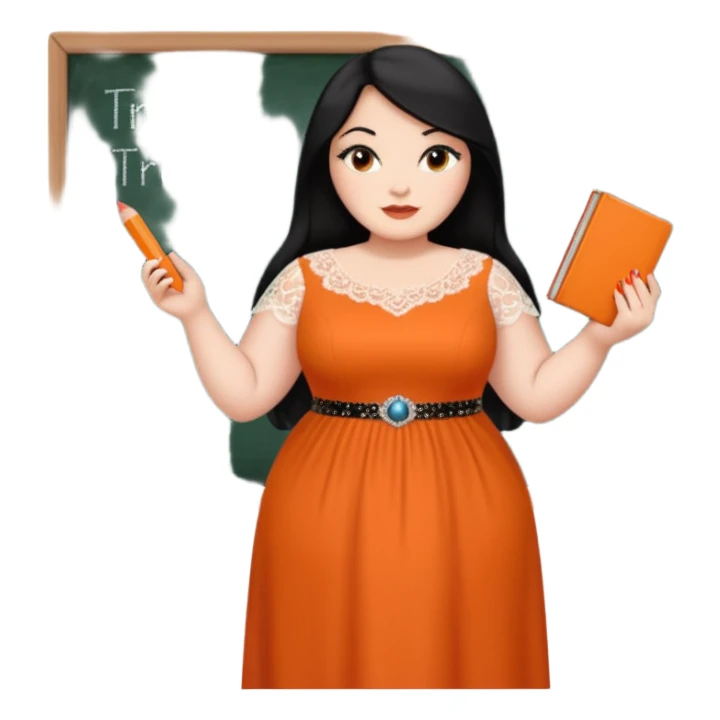  plus-size White woman is wearing makeup. She has long, straight, waist-length black hair and is wearing a full-body orange dress with rhinestones and lace. Her nails are painted orange. She is holding a book in one hand and a crayon in the other. A chalkboard is behind her. sticker
