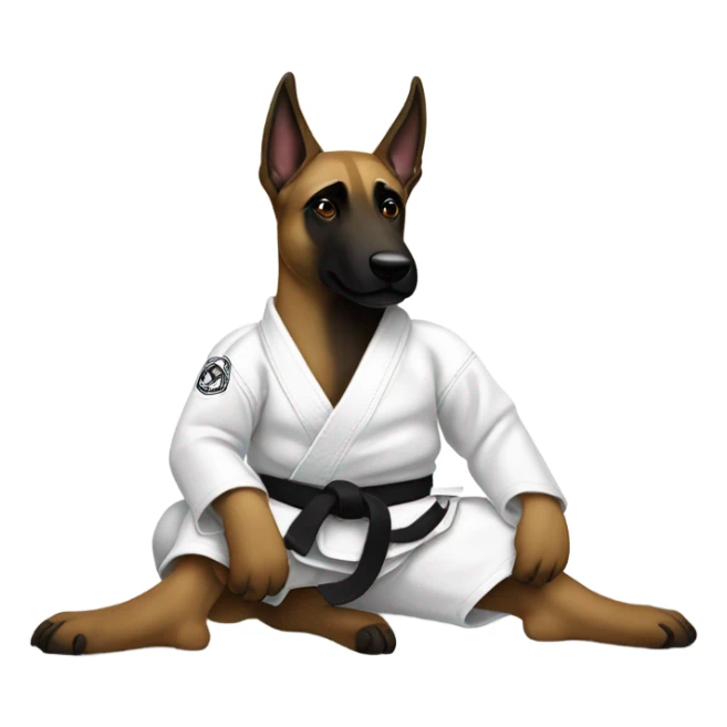 Belgian malinois wearing white jiujitsu gi with a black belt sticker