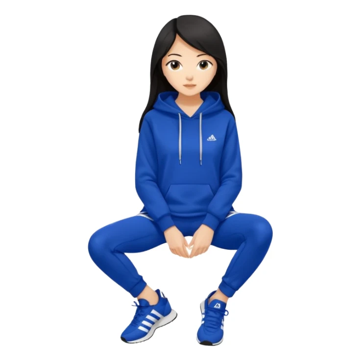 A pretty white/asian tanned girl with medium long strait dark brown almost black hair wearing a royal blue hoodie and leggings with adidas sambad sticker