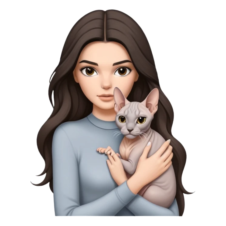 brunette Kendall Jenner with long hair holding on the hands grey white Sphynx sticker
