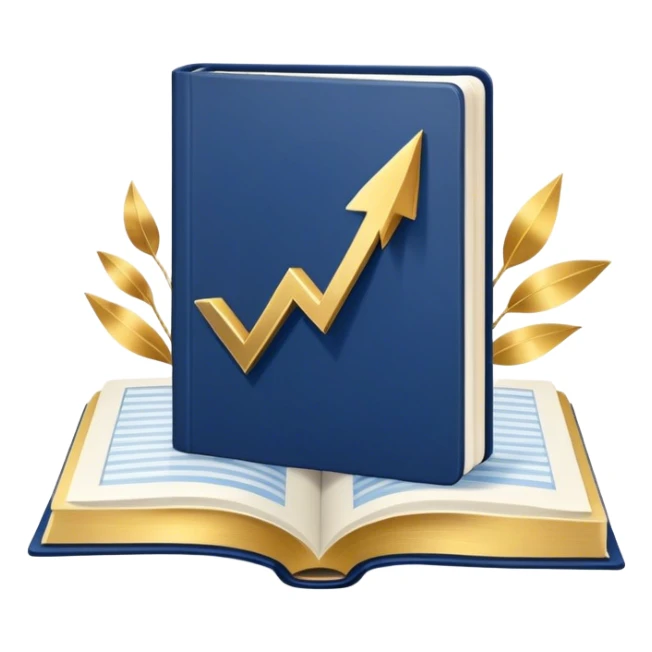 A navy blue productivity book with gold details, chart with upward trend aura, radiating productivity, strategy, and success in motion- sticker