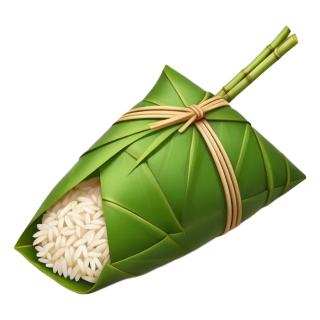 Rice dumpling Zongzi wrapped in bamboo leaves, simplified emoji style with bold outlines and bright colors, cartoon style sweet glutinous rice treat sticker