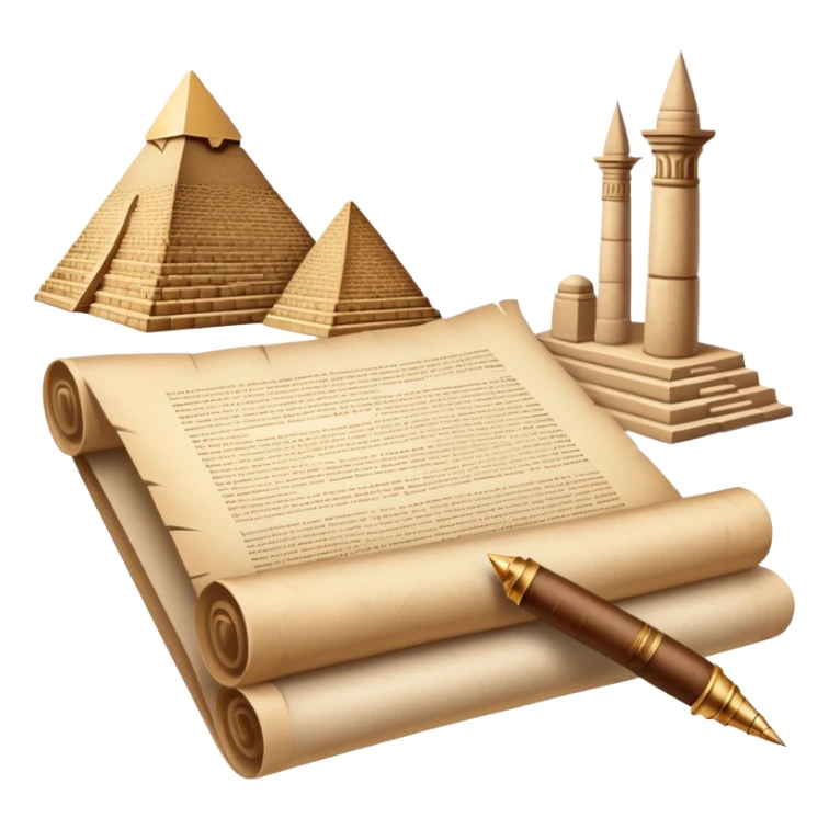 An icon showing a rolled parchment scroll, a quill pen, and ancient landmarks like pyramids and columns in the background. The design symbolizes the study of past civilizations, events, and heritage. Transparent background emphasizes the timeless exploration of human history. sticker