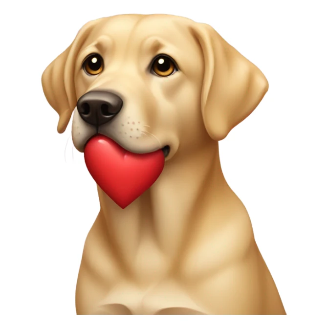 Golden lab holding a heart sticker