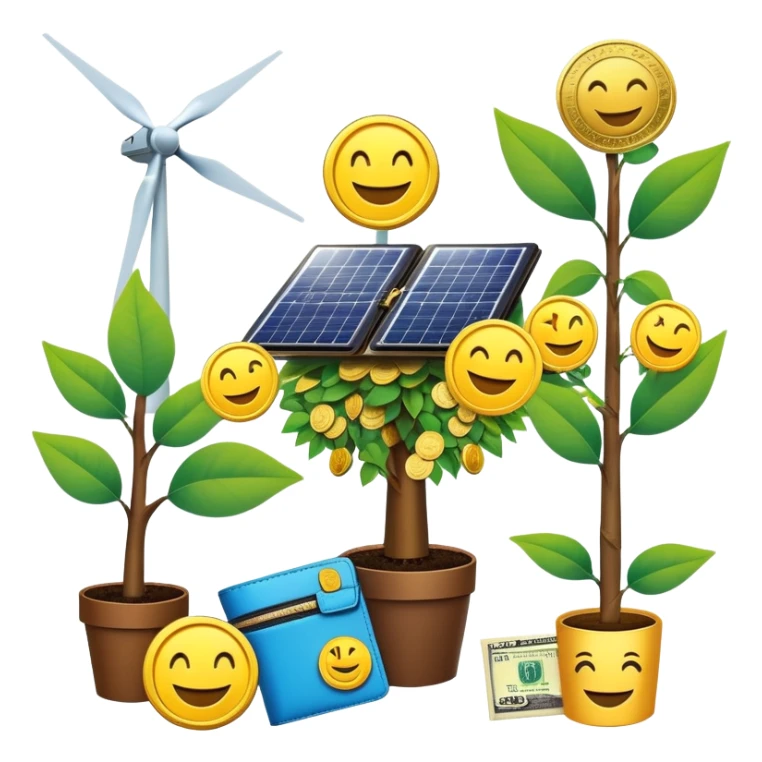 Create a set of unique, high-quality emoji-style stickers for a Telegram public group focused on green energy investments. Each sticker should be vibrant, friendly, and easily recognizable. The theme combines eco-conscious finance and renewable energy. Include elements like:

Solar panels with smiling faces

Wind turbines with coins spinning around

Happy earth holding a dollar sign

A plant growing out of a wallet

A money tree with solar panel leaves

A superhero saving the planet with a green energy logo

A rocket powered by clean energy labeled "ROI"

Happy investors with sun hats and windmills

Keep the style modern, fun, and clean — suitable for use in a friendly Telegram community. Backgrounds should be transparent. Use smooth outlines, minimal text (or none), and expressive faces or icons to communicate positivity and trust. sticker