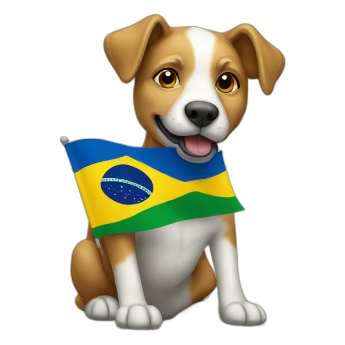 a caramel street dog holding a brazilian flag sticker
