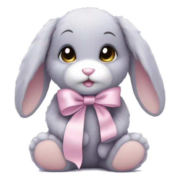 Lilac-grey matted bunny teddy, floppy, with pale pink ribbon sticker