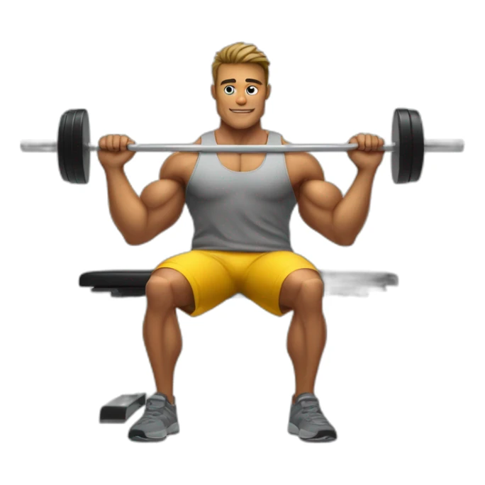 software developper on a musculation bench with a bar and macbook at each side of the bar sticker